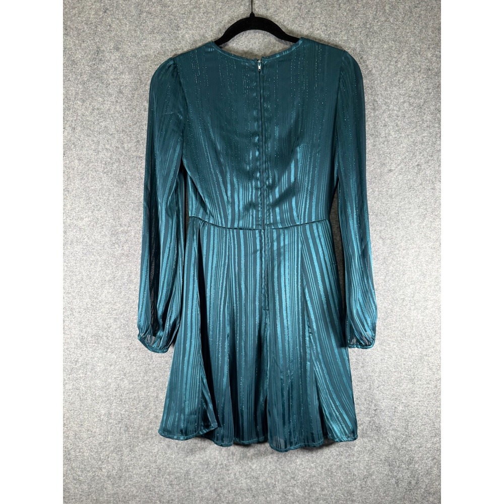 City Vibe Teal Blue Metallic Pinstripe Puff Sleeve Mini Dress Size 0‎ glam - Picture 8 of 9